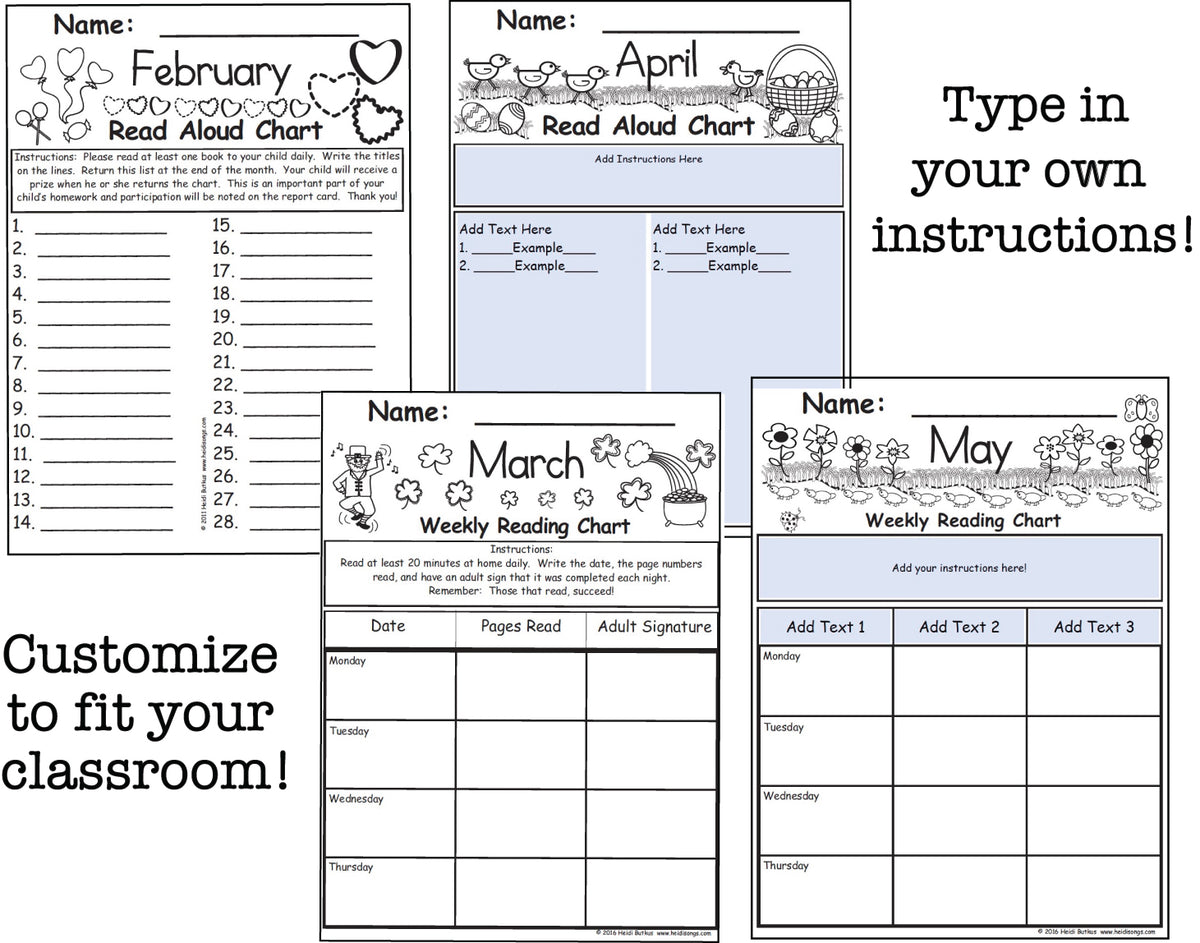 12 Monthly & Weekly Read Aloud Charts (Editable)