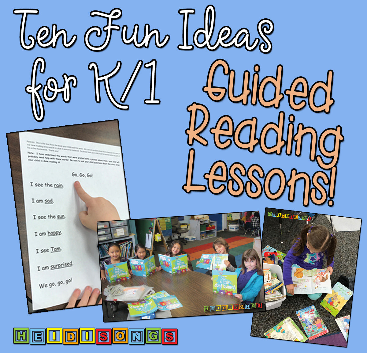 Header ‘Ten Fun Ideas for K/1 Guided Reading Lessons’ with photos of a hand pointing to text and children reading