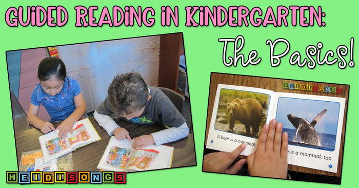 Children reading with close-up of hands on a beginner book; banner reads Guided Reading in Kindergarten: The Basics