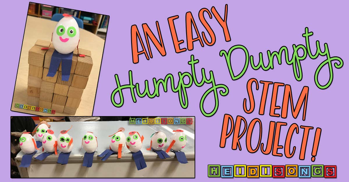 Promotional banner showing headline An Easy Humpty Dumpty STEM Project and photos of decorated plastic eggs on a block wall and on a ledge