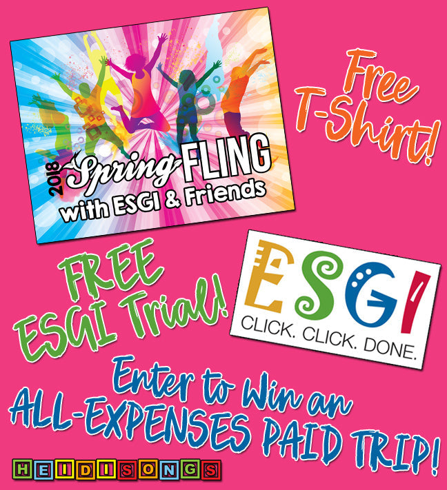 Promotional poster: Spring Fling 2018, Free ESGI Trial; enter to win an all-expenses-paid trip; ESGI and HeidiSongs logos