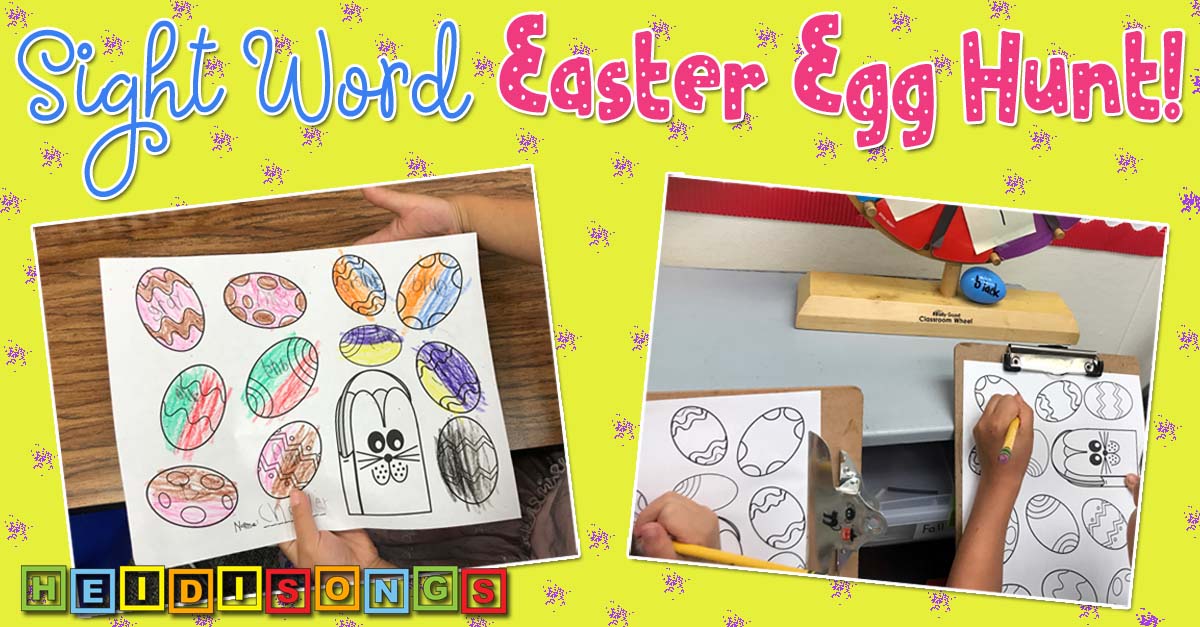 Students coloring and writing sight-word egg worksheets in a classroom during an Easter-themed activity