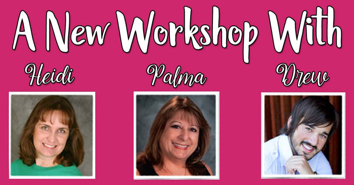 Promotional banner showing the headline 'A New Workshop With' above three framed headshots labeled with presenter first names on a pink background