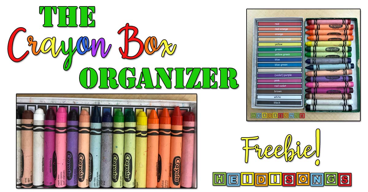 Banner with headline 'The Crayon Box Organizer', photos of a 16-count crayon box and a printed color-label organizer, and the word 'Freebie!'