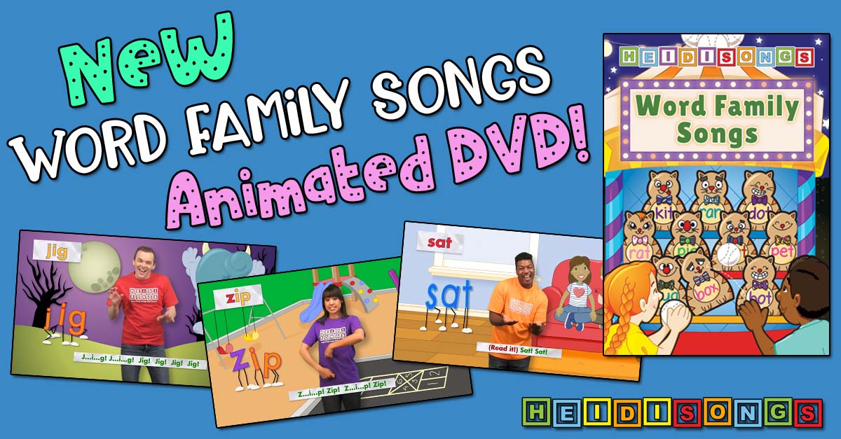 Front of Word Family Songs animated DVD with cover art, three video thumbnails, and headline New Word Family Songs Animated DVD