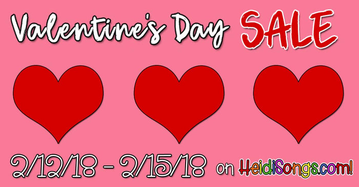 Promotional banner showing large headline Valentine's Day SALE, three red hearts, sale dates 2/12/18 - 2/15/18 and HeidiSongs.com on pink background