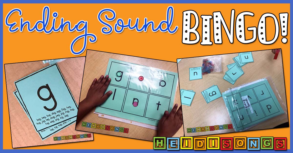 Promotional banner 'Ending Sound BINGO!' showing three tilted photos of green bingo mats, letter cards, and a child placing markers to practice ending phoneme sounds