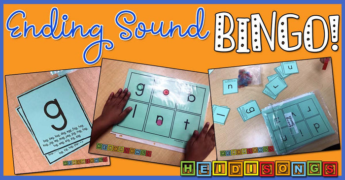 Ending Sound BINGO! banner with three photos of green bingo mats, letter cards, and a child marking ending sounds