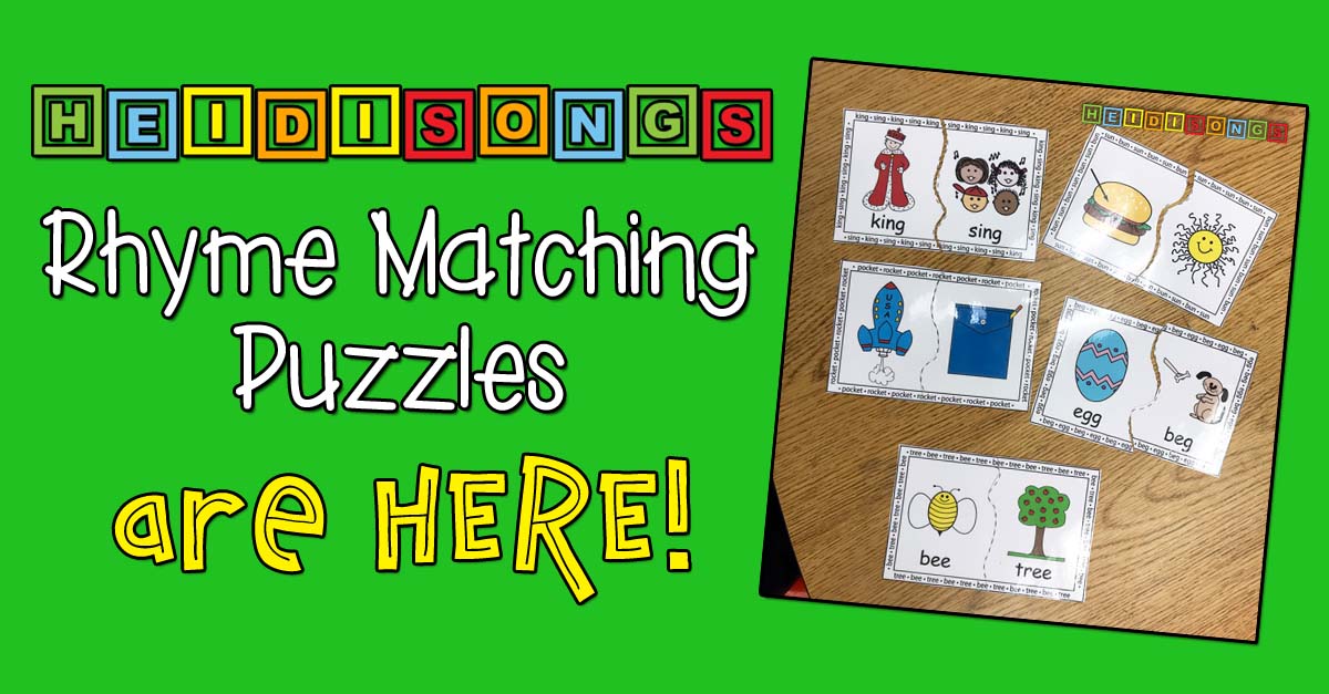 Promotional banner reading 'Rhyme Matching Puzzles are HERE' with six laminated rhyming puzzle cards on a wood table