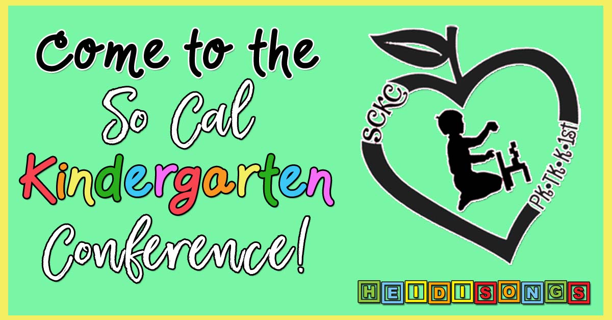 Promotional banner inviting educators to So Cal Kindergarten Conference with colorful ‘Kindergarten’ text and HeidiSongs logo