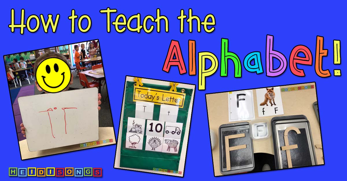Blog banner showing three classroom photos of alphabet teaching activities with headline 