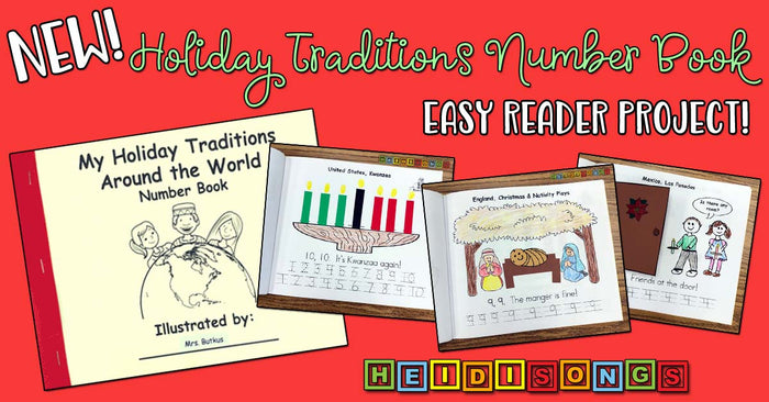 Banner reading ‘NEW! Holiday Traditions Number Book — EASY READER PROJECT’ showing the cover and three sample inside pages
