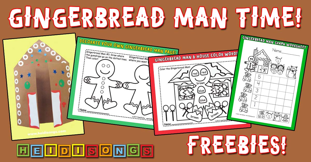 Banner with Gingerbread Man Time headline, gingerbread house image, printable activity worksheets and FREEBIES callout
