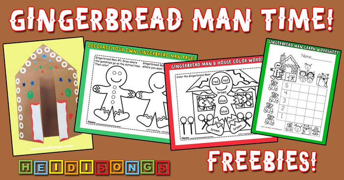 Banner with Gingerbread Man Time headline, gingerbread house image, printable activity worksheets and FREEBIES callout