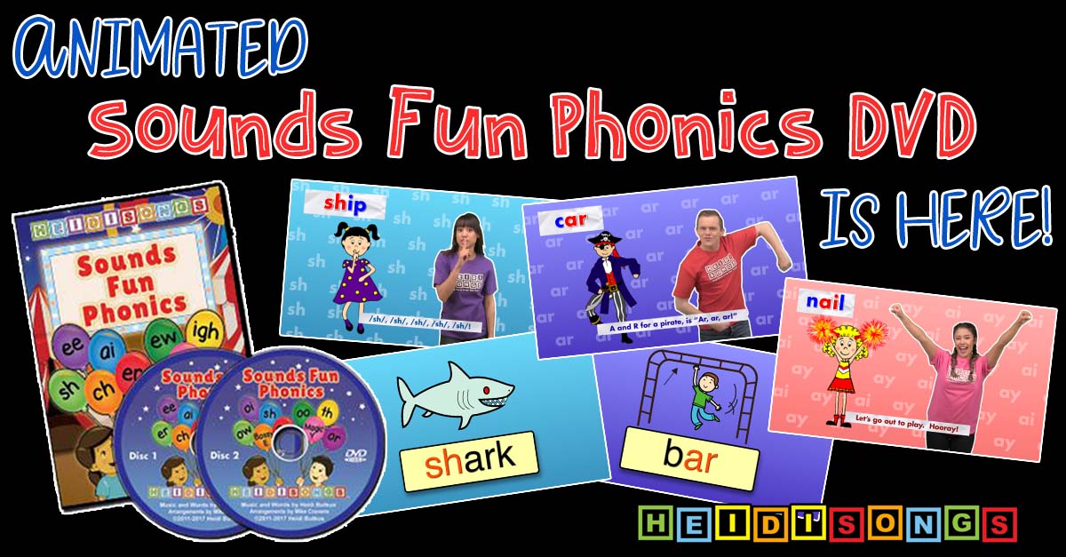 Promotional banner showing Animated Sounds Fun Phonics DVD is here, DVD cover and two discs with sample lesson screenshots