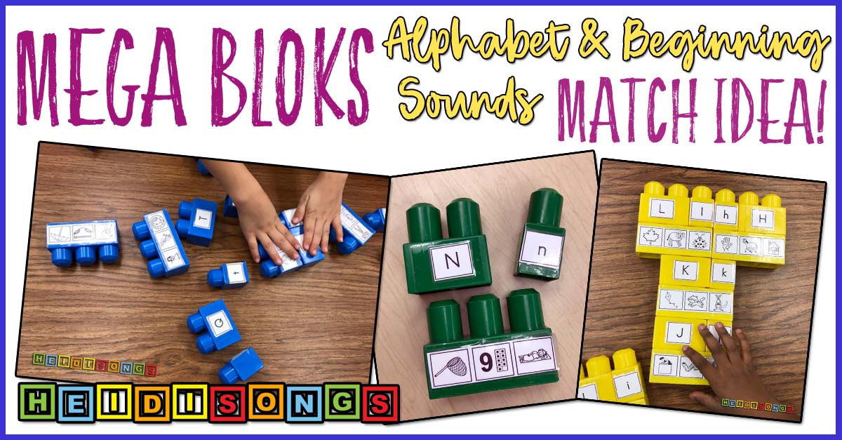 Promotional banner: Mega Bloks alphabet beginning-sounds match activity with labeled blocks and picture tiles