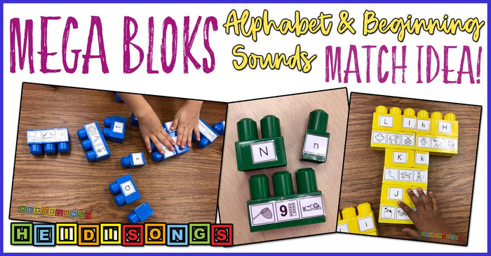 Promotional banner: Mega Bloks alphabet beginning-sounds match activity with labeled blocks and picture tiles