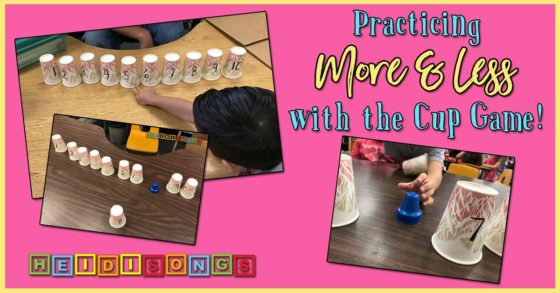 Banner collage of children playing a cup counting game using numbered paper cups to practice more and less