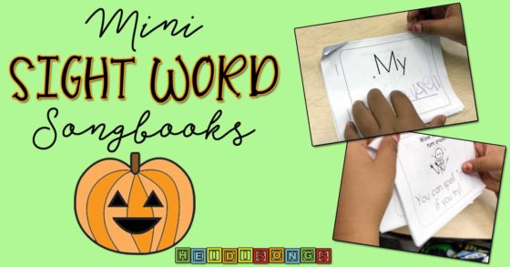 Banner promoting Mini Sight Word Songbooks with pumpkin illustration and photos of children holding printable songbooks
