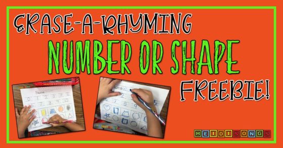 Promotional banner showing the headline Erase-a-Rhyming Number or Shape FREEBIE! and two photos of children tracing and erasing worksheets on an orange background