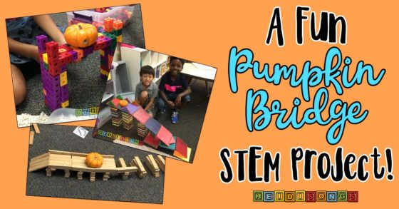 Promotional banner showing three photos of student-built pumpkin bridges with headline 'A Fun Pumpkin Bridge STEM Project!'