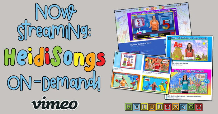 Promotional banner reading NOW streaming: HeidiSongs ON-DEMAND with Vimeo logo and collage of HeidiSongs video thumbnails