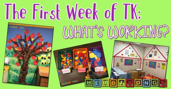 Photo collage showing The First Week of TK, with three classroom photos: apple craft, sorting center, classroom corner