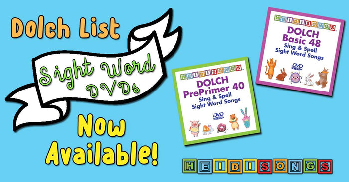 Promotional banner: Dolch List Sight Word DVDs; two covers DOLCH PrePrimer 40 and DOLCH Basic 48 with HeidiSongs logo