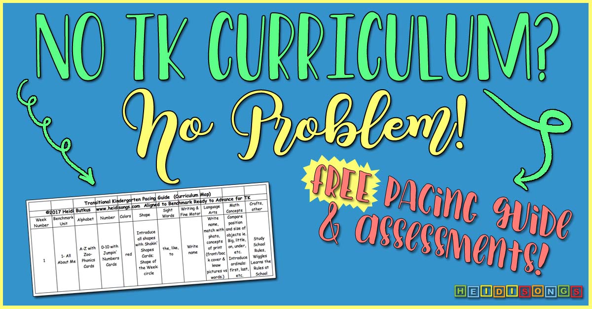 No TK Curriculum? No Problem! headline with 'Free Pacing Guide & Assessments' on blue background and small pacing guide preview
