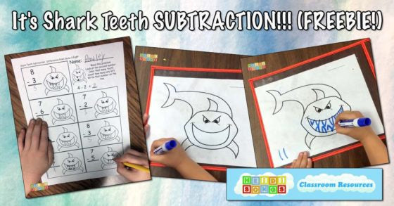 Banner reading Its Shark Teeth SUBTRACTION FREEBIE showing hands doing shark-themed subtraction worksheets and coloring