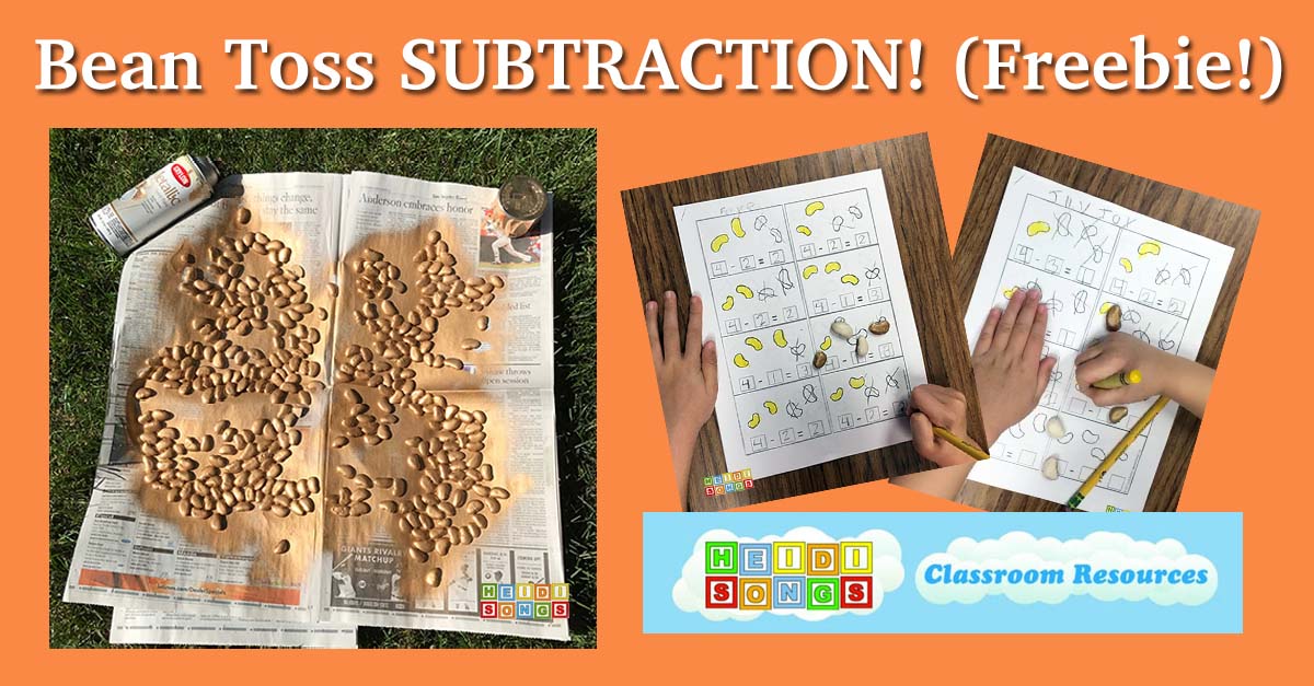 Banner showing sprayed lima beans on newspaper, two subtraction worksheets with student hands and beans, and HeidiSongs logo