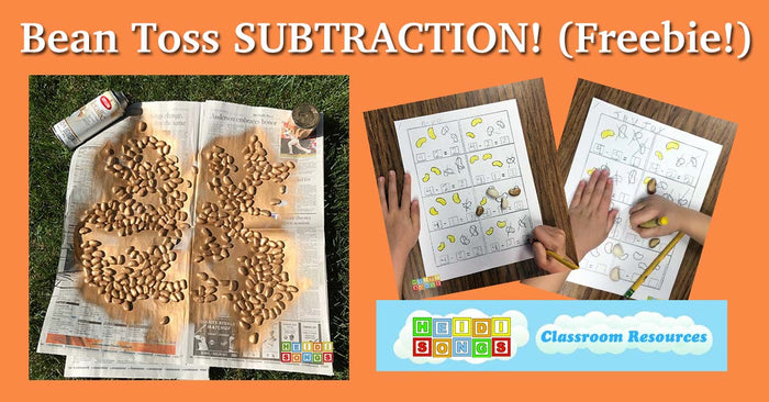 Banner showing sprayed lima beans on newspaper, two subtraction worksheets with student hands and beans, and HeidiSongs logo