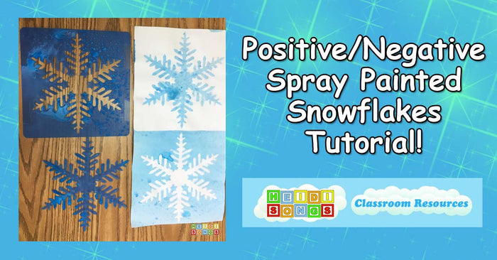 Banner showing four blue snowflake prints, headline ‘Positive/Negative Spray Painted Snowflakes Tutorial’, Heidi Songs logo