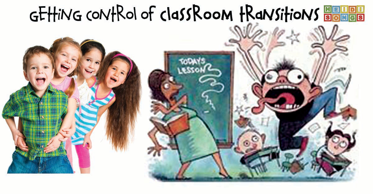 Banner showing ‘Getting Control of Classroom Transitions’ headline, four smiling children and a cartoon frantic teacher