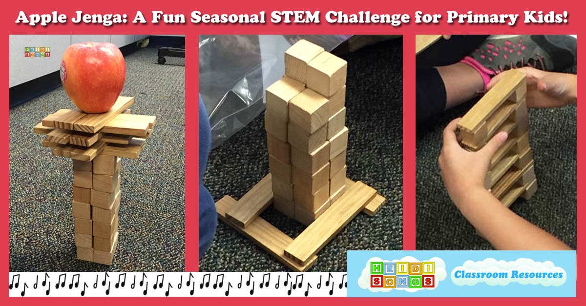 Collage showing wooden block towers and children building for an Apple Jenga STEM challenge titled Apple Jenga