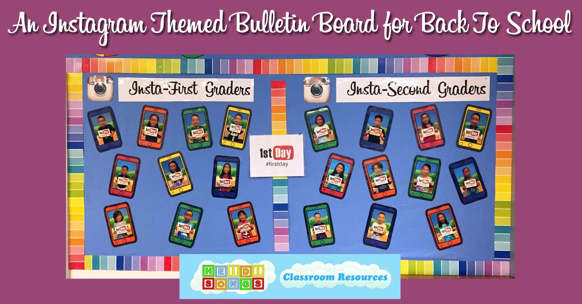 Classroom bulletin board 'Instagram Themed Bulletin Board for Back To School' with iPhone frames and '1st Day' student photos
