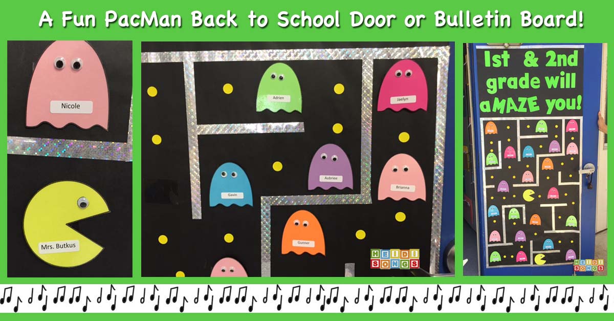 Collage showing Pac-Man door and bulletin board with colorful ghost name-tags, Pac-Man maze, and headline 'Back to School'