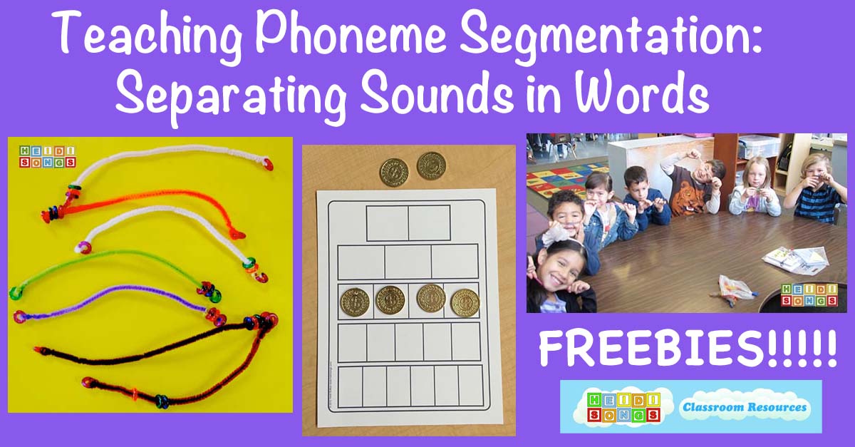 Banner Teaching Phoneme Segmentation with bead-string and coin-grid, children, and FREEBIES callout