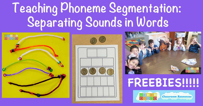 Banner Teaching Phoneme Segmentation with bead-string and coin-grid, children, and FREEBIES callout