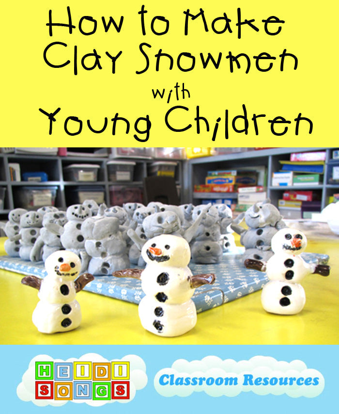 Banner headline How to Make Clay Snowmen over photo of painted and unglazed child made clay snowmen on a classroom table