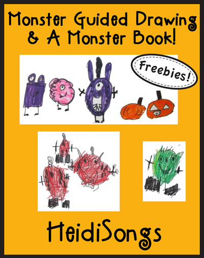 Promotional graphic with headline 'Monster Guided Drawing & A Monster Book', 'Freebies!' callout, kids' monster drawings, and HeidiSongs logo on orange background