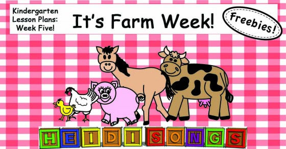 Banner reading It's Farm Week! with cartoon farm animals, Freebies badge, and HeidiSongs blocks on pink gingham background