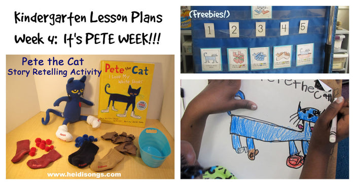 It's PETE WEEK! collage: Pete the Cat plush with story props, a pocket chart with number cards, and a child drawing Pete