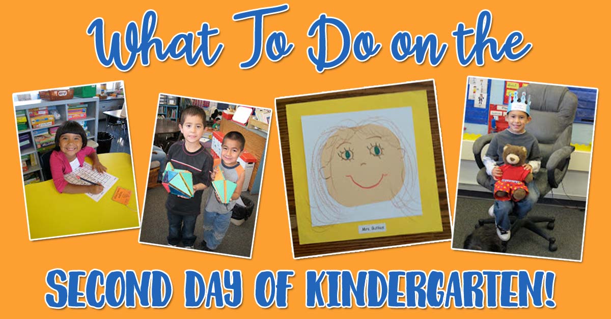 Banner showing the headline ‘What To Do on the Second Day of Kindergarten’ and four classroom photos on an orange background