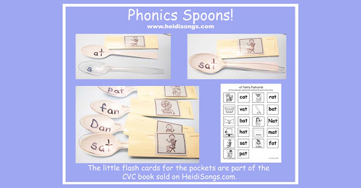 Collage showing Phonics Spoons activity with labeled plastic spoons, file-folder pockets with picture cards, and a CVC word chart