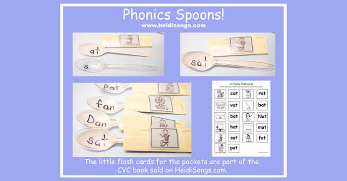Collage of Phonics Spoons activity showing labeled plastic spoons and pockets with CVC flashcards and banner reading Phonics Spoons