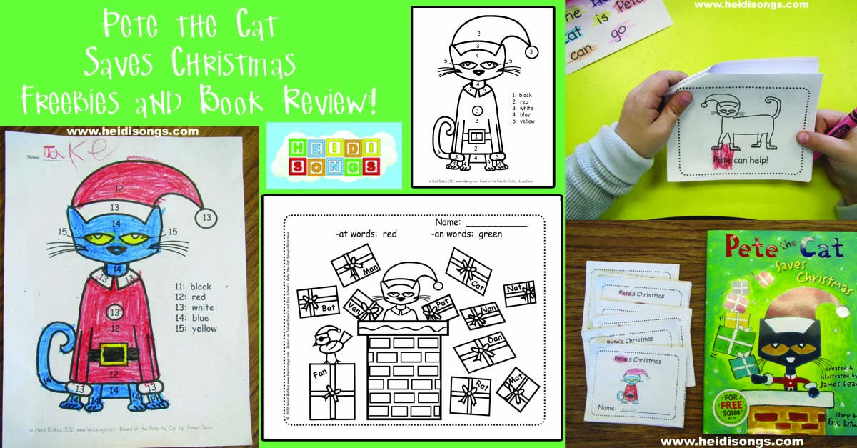 Collage titled 'Pete the Cat Saves Christmas Freebies and Book Review' showing worksheets, mini booklets, and the book cover