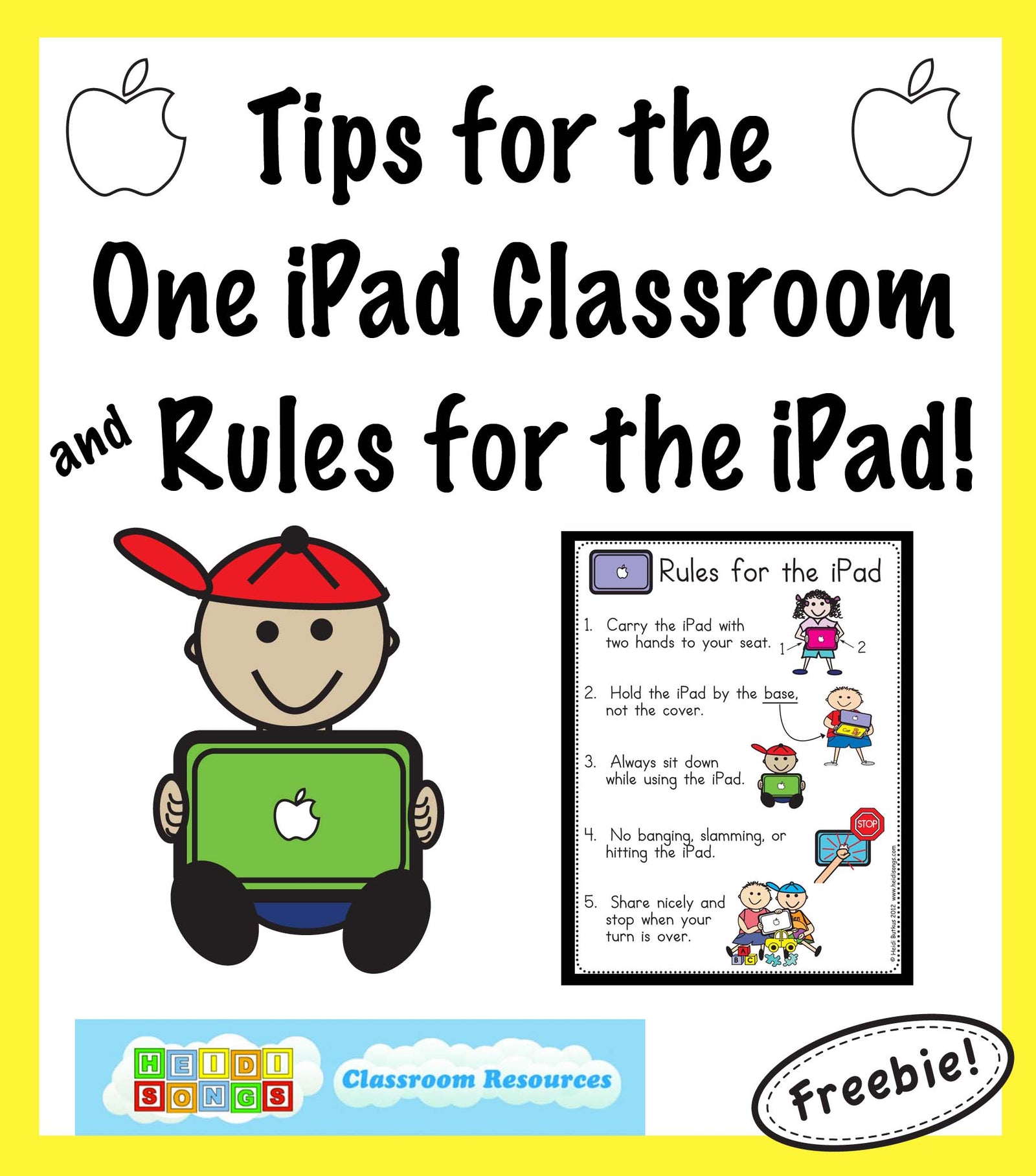 Poster Tips for the One iPad Classroom and Rules for the iPad with cartoon child holding a green iPad and inset rules list