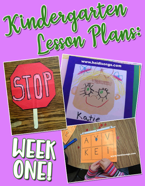 Promotional collage: Kindergarten Lesson Plans - WEEK ONE! with red STOP craft, student self-portrait, and letter-matching activity