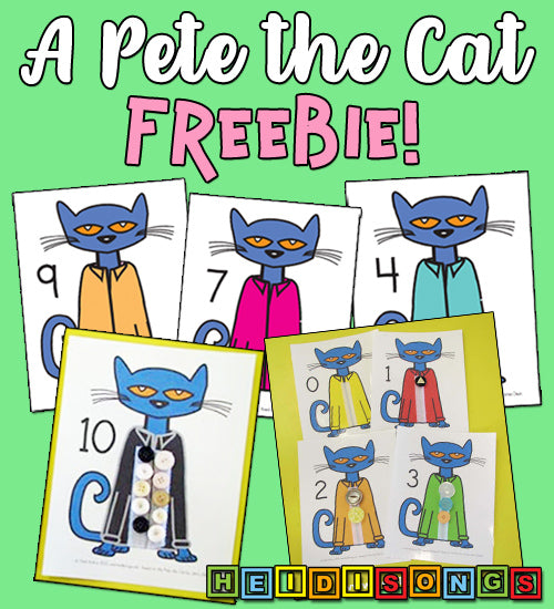 Promotional banner showing Pete the Cat printable counting cards with numbered cat illustrations and the headline 'A Pete the Cat FREEBIE!','HeidiSongs' logo blocks visible
